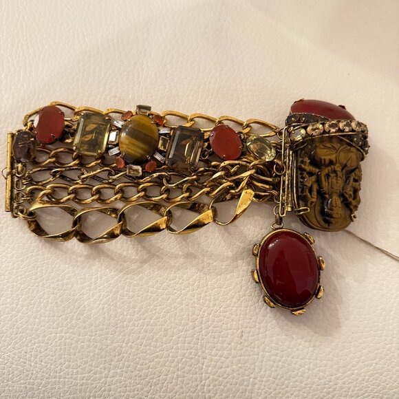 IRADJ MOINI SIGNED CITRINE TIGER EYE CARNELIAN STATEMENT BRACELET PIN BROOCH - Picture 1 of 12